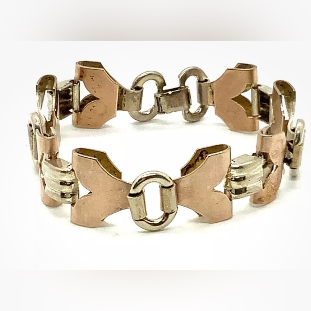 Vintage Reisler Signed Sterling Silver & Rose Gold Plated 2-Tone Bracelet 7 1/2